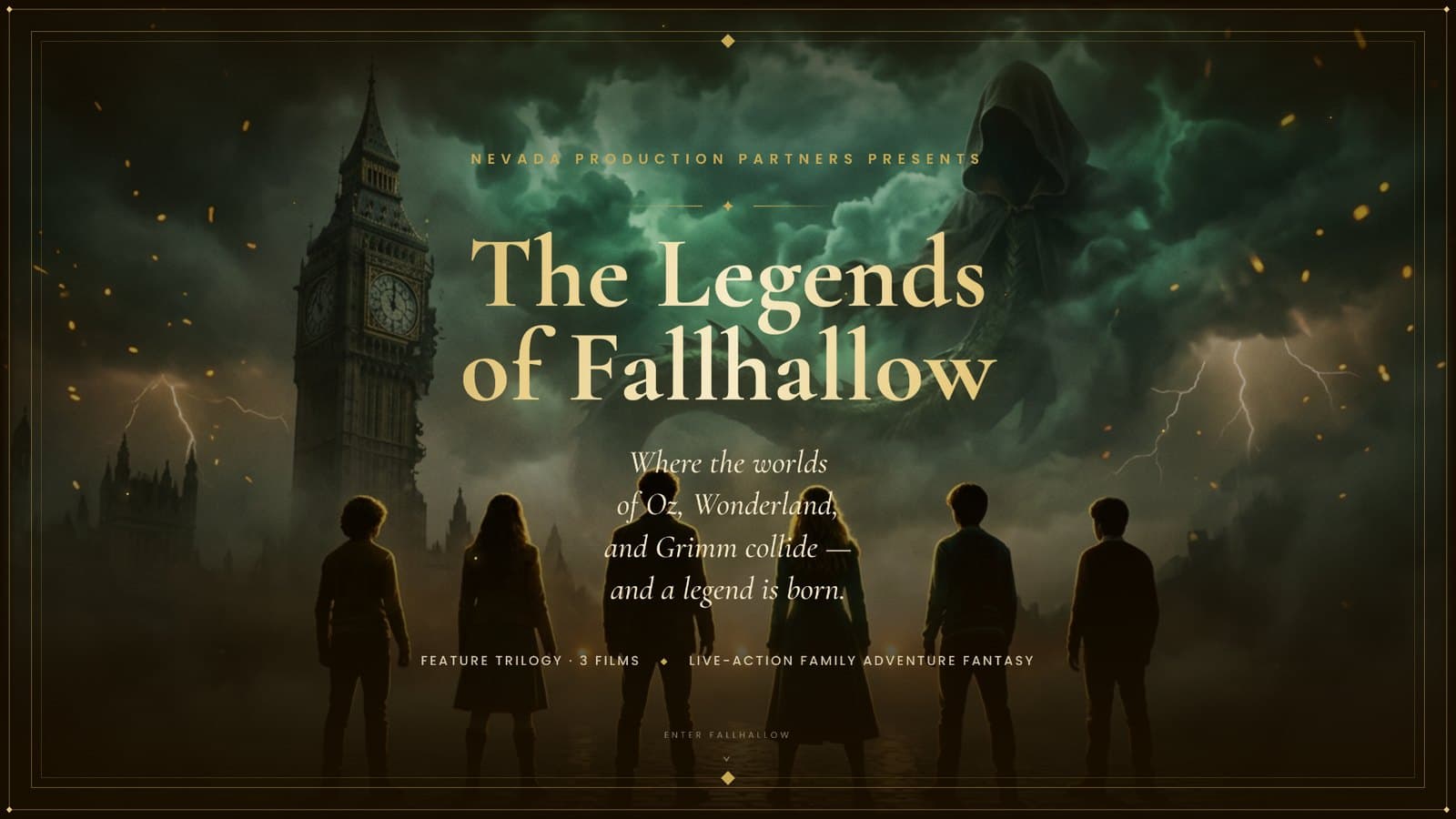 Deck cover: five silhouetted kids before a clock tower under a stormy green sky