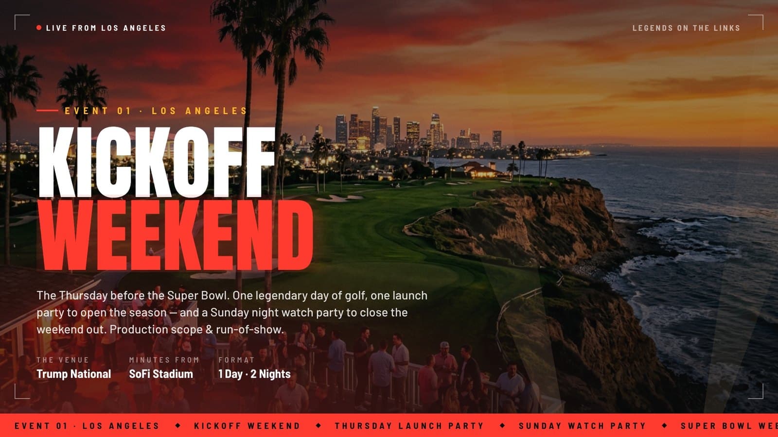 Deck cover: "Kickoff Weekend" over a clifftop golf course at sunset