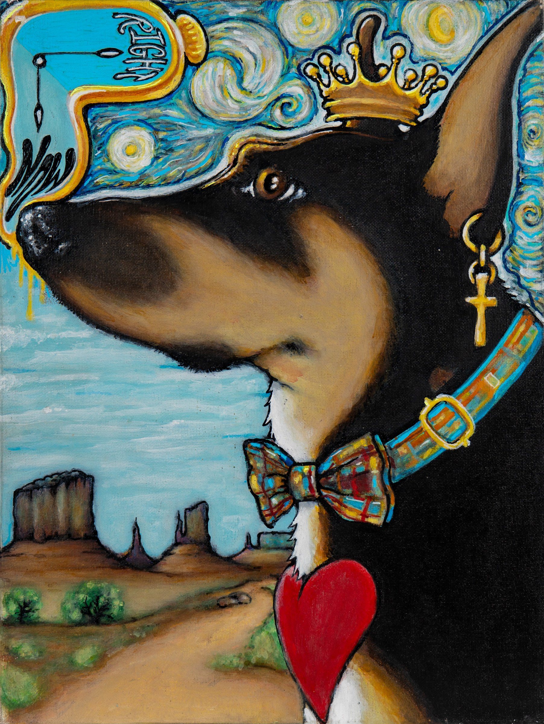 Painting of a dog in a crown and bow tie at the DefCon art show